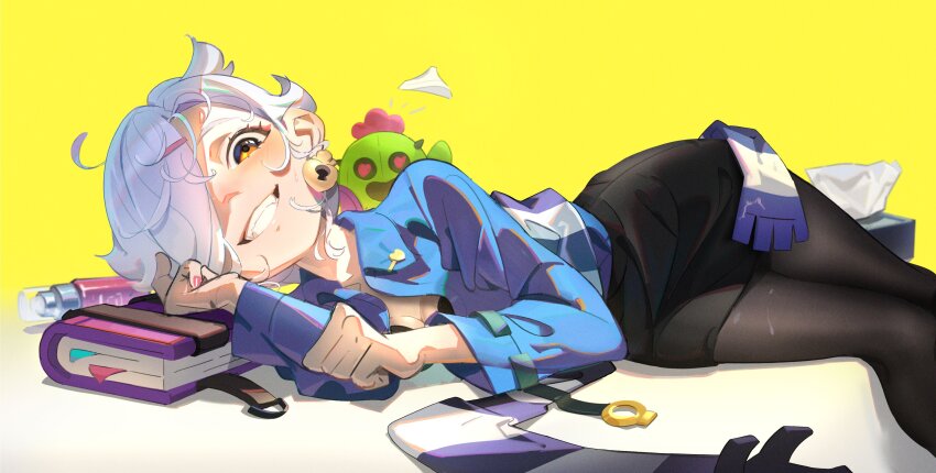 absurdres, black_bra, black_pantyhose, black_skirt, blue_shirt, book, bra, brawl_stars, cactus, colette_(brawl_stars), hair_over_one_eye, heart, heart-shaped_pupils, highres, jy_kokoro, looking_at_viewer, lying, on_side, one_eye_covered, pantyhose, scarf, shirt, skirt, smile, spray_can, symbol-shaped_pupils, teeth, tissue_box, underwear, white_hair