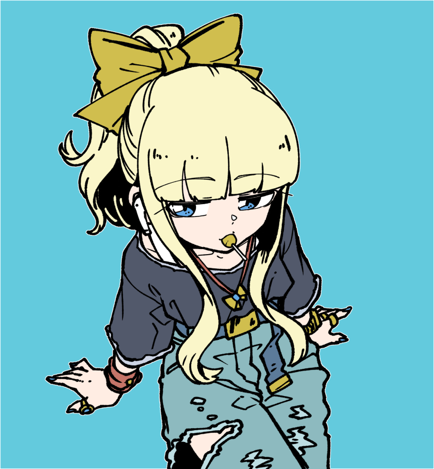 belt, belt_buckle, black_shirt, blonde_hair, blue_eyes, blue_nails, bow, buckle