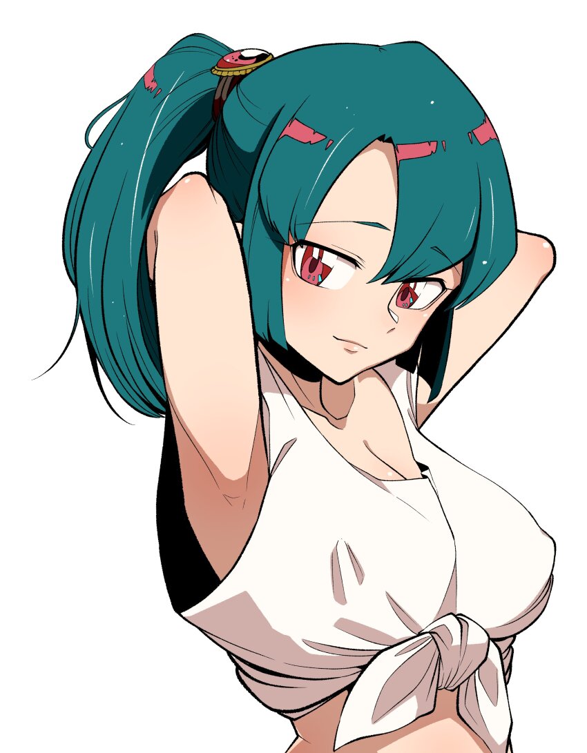 1girl, absurdres, armpits, arms_behind_head, breasts, covered_erect_nipples, green_hair, hairband