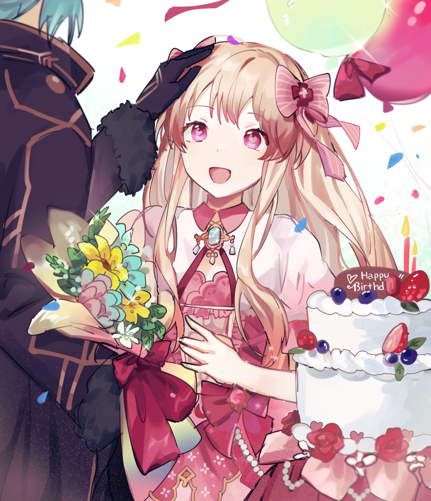 1boy, 1girl, absurdres, balloon, birthday, birthday_cake, black_gloves, blonde_hair