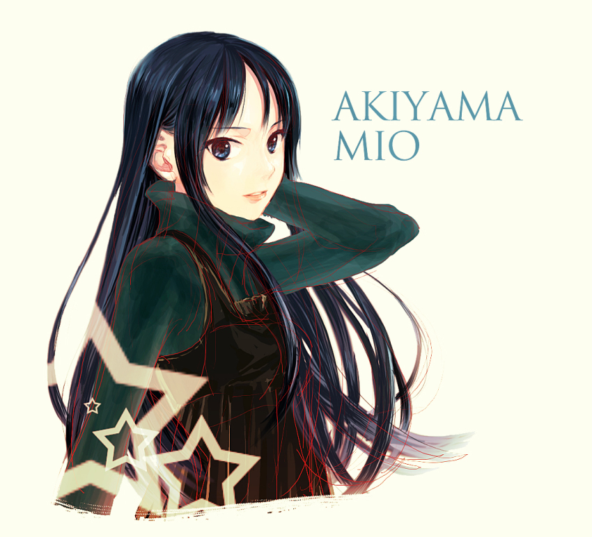 1girl, akiyama_mio, arm_behind_head, bad_id, bad_pixiv_id, black_dress, black_hair, blue_eyes, character_name, dress, female_focus, hand_up, k-on!, lips, long_hair, long_sleeves, looking_at_viewer, parted_bangs, sleeveless, sleeveless_dress, solo, sweater, upper_body, yamano_futsuki