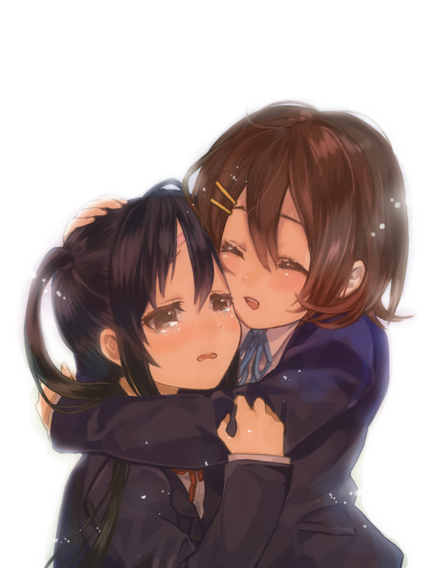 2girls, bad_id, bad_pixiv_id, black_hair, brown_eyes, brown_hair, closed_eyes, hair_ornament