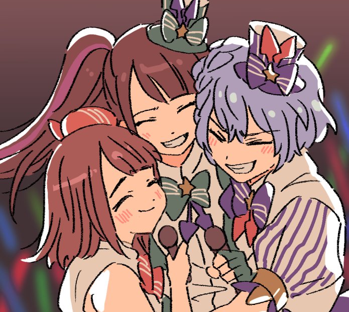 3girls, :d, ^_^, backlighting, blue_bow, blue_hair, blunt_bangs, bow