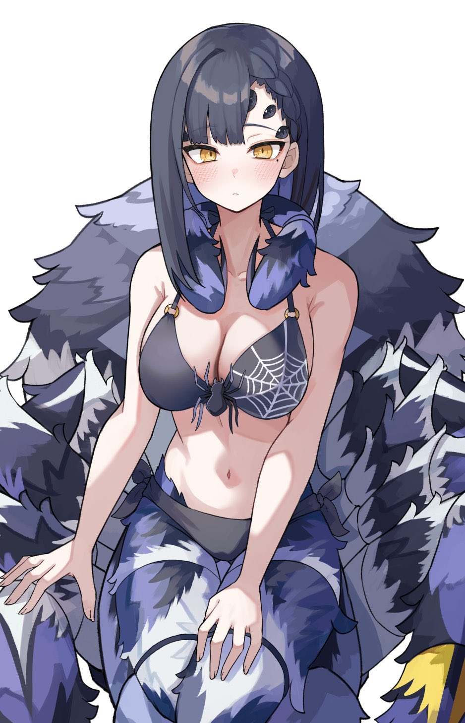 1girl, arthropod_girl, asymmetrical_bangs, asymmetrical_hair, bikini, black_bikini, blue_hair, blunt_bangs
