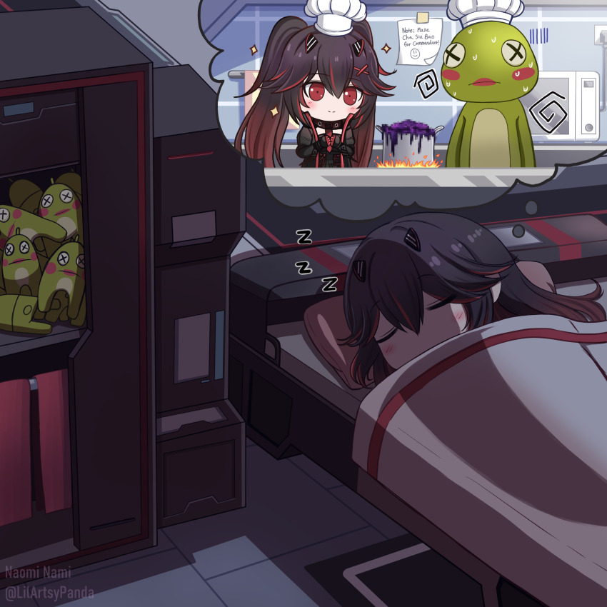 1girl, absurdres, bed, bedroom, black_dress, black_hair, black_jacket, chibi