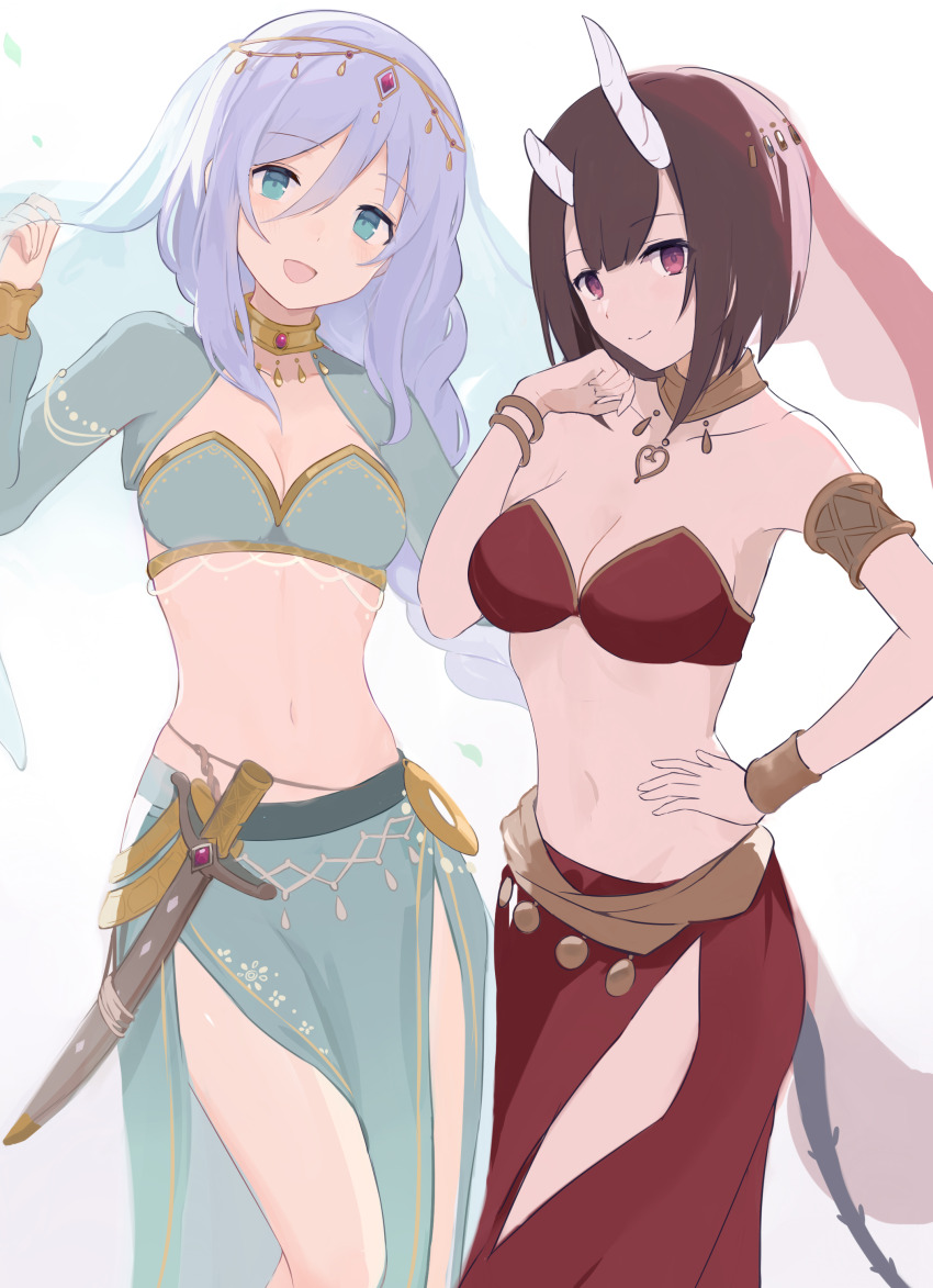 2girls, absurdres, aqua_bra, aqua_eyes, aqua_shrug, aqua_skirt, arabian_clothes, armlet