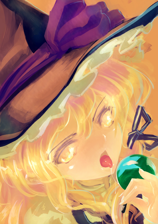1girl, blonde_hair, bow, candy, die_letzte_(tc), female_focus, food, hair_bow, hat, kirisame_marisa, lollipop, pinky_out, saliva, saliva_trail, solo, supercynic, tongue, touhou, witch, witch_hat, yellow_eyes