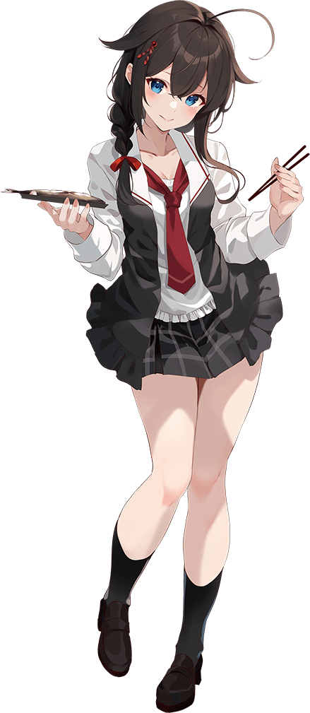 1girl, ahoge, blue_eyes, braid, breasts, brown_hair, chopsticks, fish