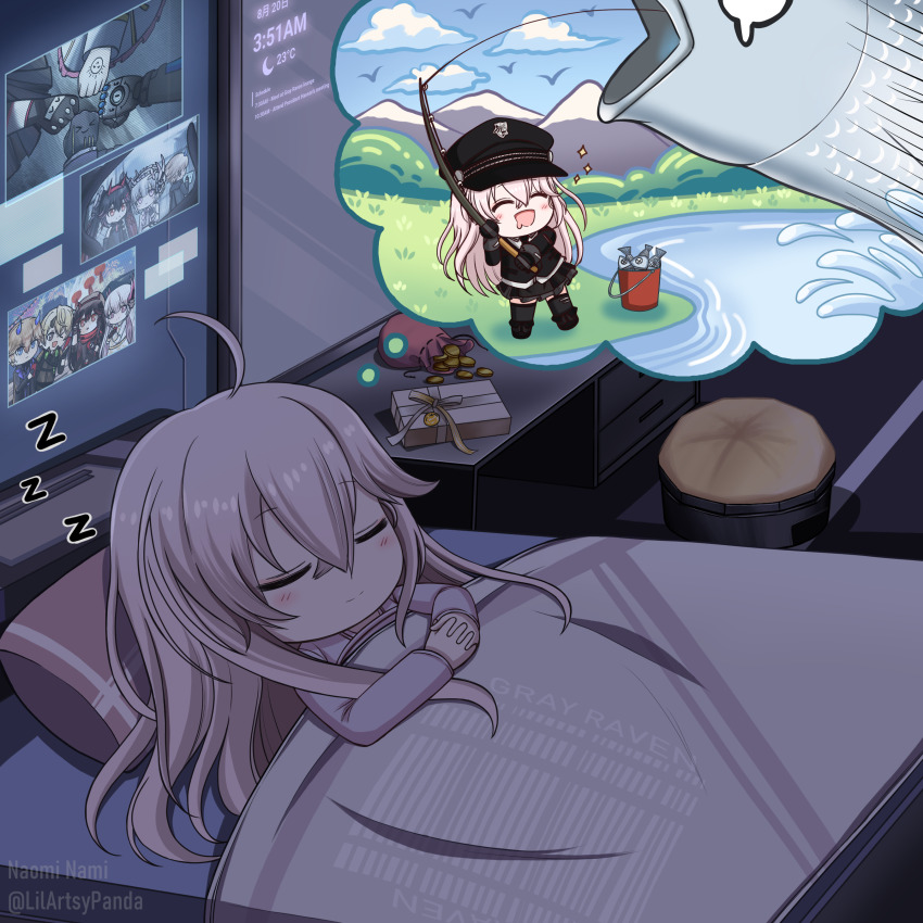 1girl, absurdres, ahoge, artist_name, bed, bedroom, black_footwear, black_gloves