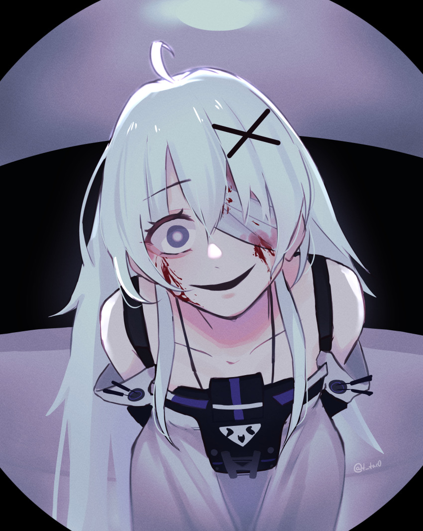 1girl, absurdres, ahoge, bandage_over_one_eye, bandages, blood, blood_on_face, bloody_bandages