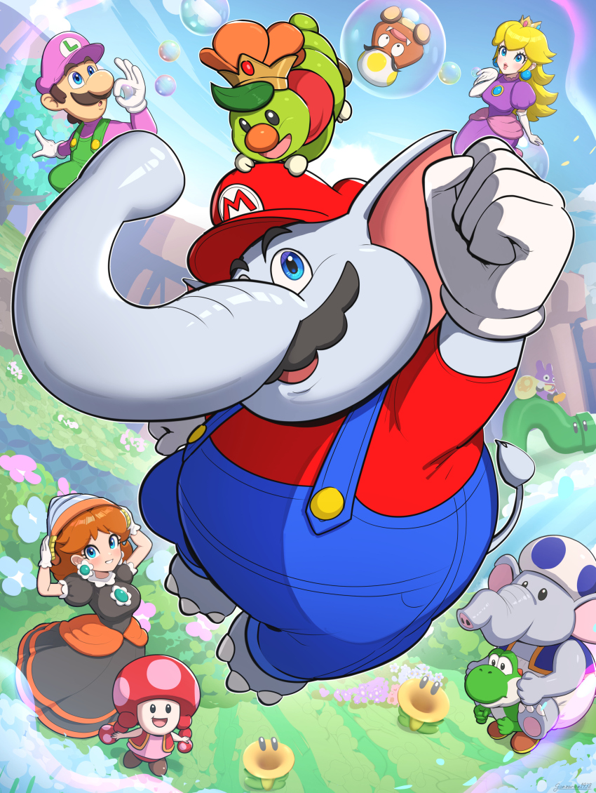 3girls, 6+boys, absurdres, black_dress, blonde_hair, blowing_bubbles, blue_overalls, blue_toad_(mario)