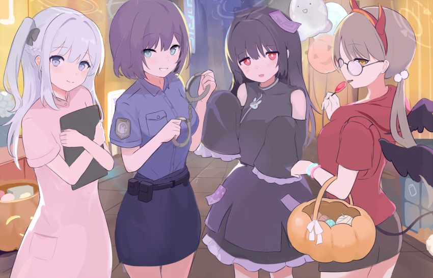 4girls, alternate_costume, aqua_eyes, bare_shoulders, belt_pouch, black_wings, blue_archive, blue_hair