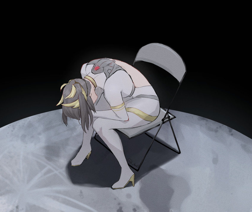 1girl, absurdres, backless_bodysuit, bodysuit, chair, despair, folding_chair, gold_trim, grey_bodysuit, hair_ornament, hands_on_own_head, high_heels, highres, mecha_pilot_suit, medium_hair, meme, moon, nanami:_starfarer_(pgr), nanami_(pgr), neon_genesis_evangelion, plugsuit_(evangelion), punishing:_gray_raven, shinji_in_a_chair_(meme), side_ponytail, sitting, solo, tacowo, tiara, wing_hair_ornament