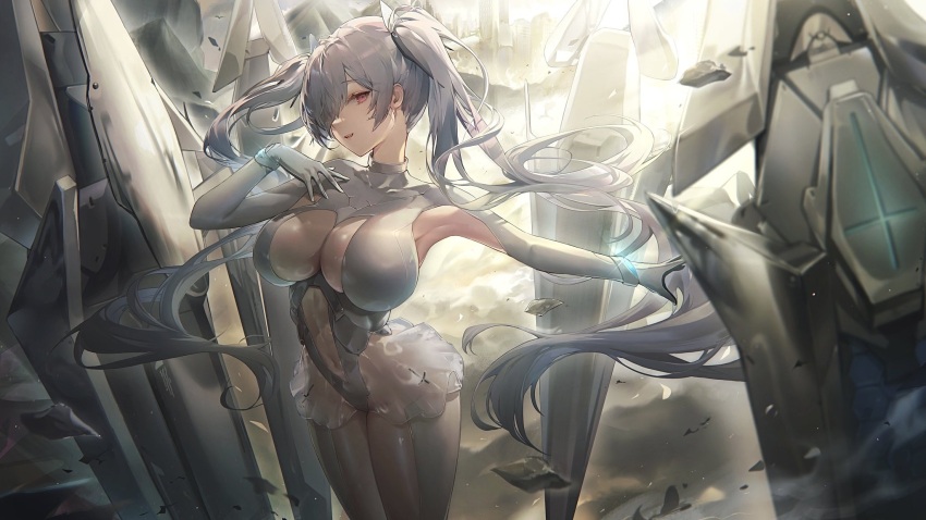 1girl, armpit_cutout, armpits, bodysuit, breasts, cinderella_(nikke), cleavage, clothing_cutout, commentary, covered_collarbone, covered_navel, cowboy_shot, dress, floating_hair, gloves, goddess_of_victory:_nikke, grey_bodysuit, grey_gloves, grey_hair, grey_leotard, hair_between_eyes, hair_over_one_eye, hand_on_own_chest, highres, hisiya_(wldn1112), large_breasts, leotard, long_hair, looking_at_viewer, parted_lips, pink_eyes, rigging, see-through_clothes, see-through_cleavage, see-through_dress, sidelocks, smile, solo, standing, twintails