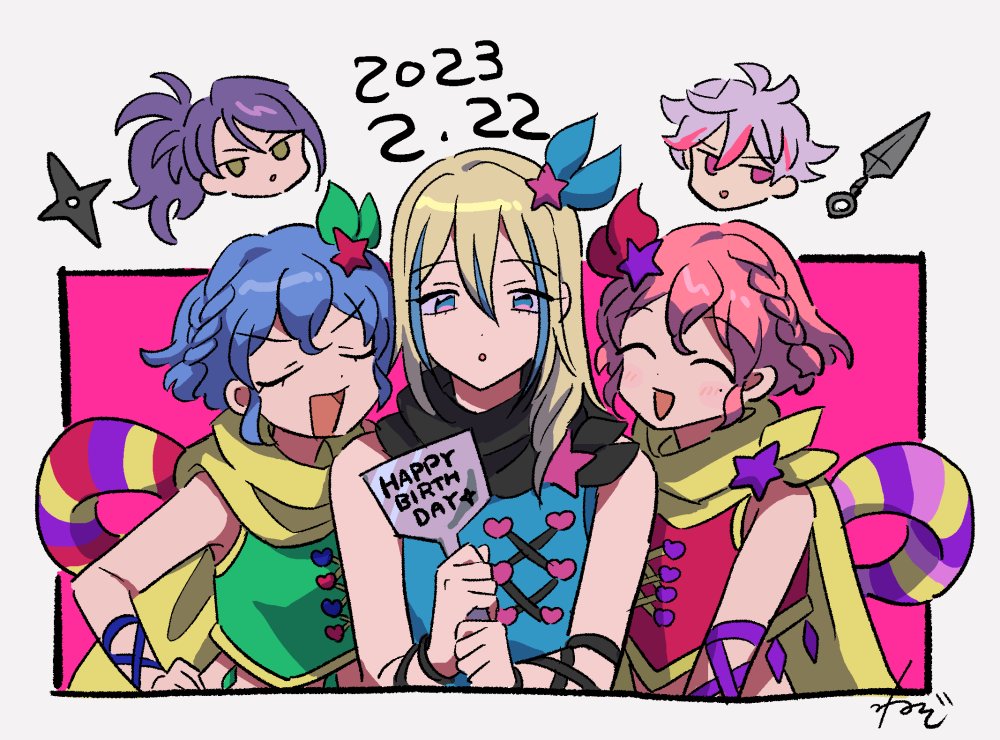 2girls, 3boys, :d, bare_shoulders, black_scarf, blonde_hair, blue_eyes, blue_hair