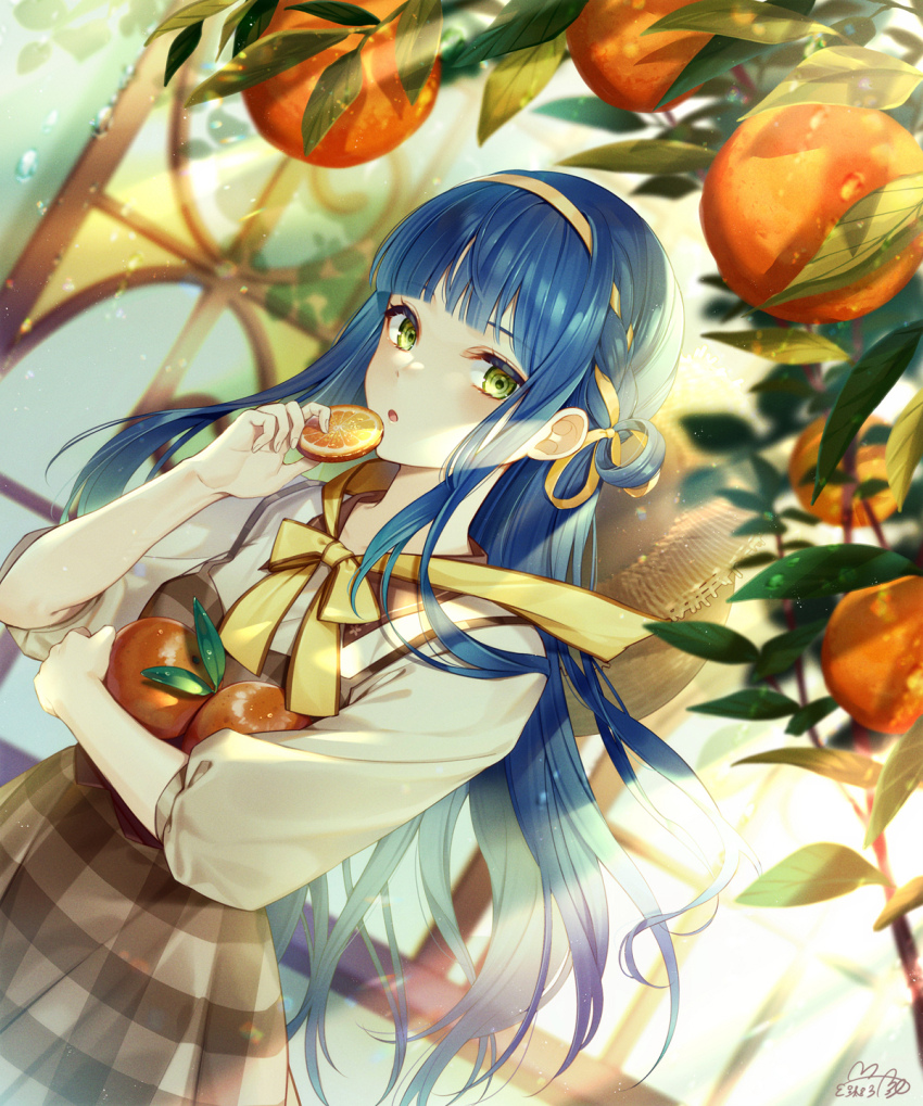 1girl, :o, blue_hair, blunt_bangs, braid, brown_dress, cocosuke, collared_shirt