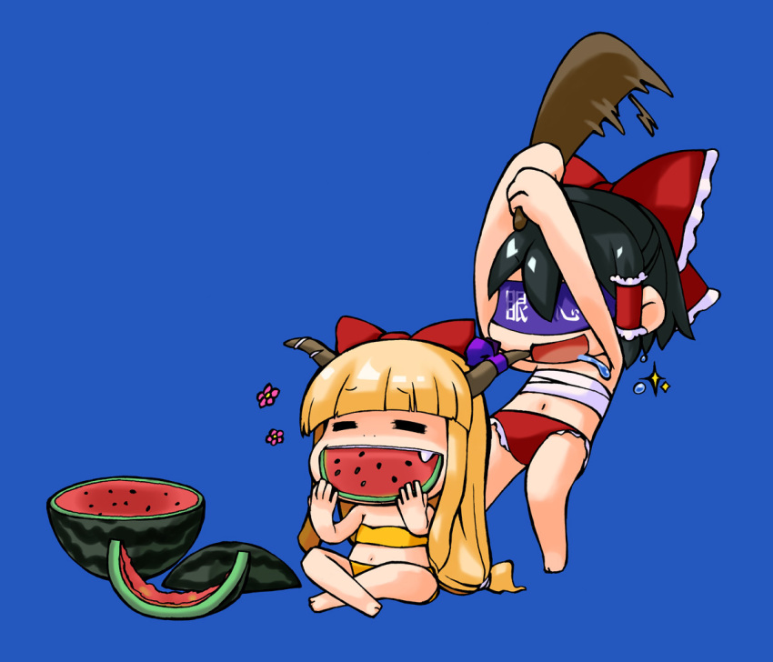 2girls, =_=, ahegao, baseball_bat, bikini, blindfold, cazya, drooling, fang, female_focus, flower, food, fruit, hakurei_reimu, holding, holding_food, holding_fruit, ibuki_suika, kazuiyun, multiple_girls, pun, sarashi, simple_background, sparkle, suikawari, swimsuit, touhou, watermelon