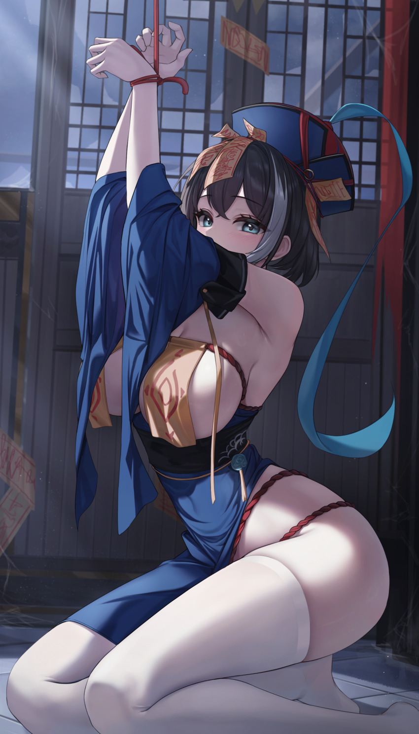 1girl, absurdres, aqua_eyes, azur_lane, bare_shoulders, bdsm, bondage, bound, bound_arms, breast_curtains, breasts, brown_hair, chinese_clothes, crossed_bangs, g_home, hat, highres, hwah_jah_(azur_lane), hwah_jah_(the_festive_undead)_(azur_lane), jiangshi, jiangshi_costume, large_breasts, looking_at_viewer, medium_hair, multicolored_hair, official_alternate_costume, rope, shibari, sideboob, sitting, streaked_hair, talisman, thighhighs, white_thighhighs