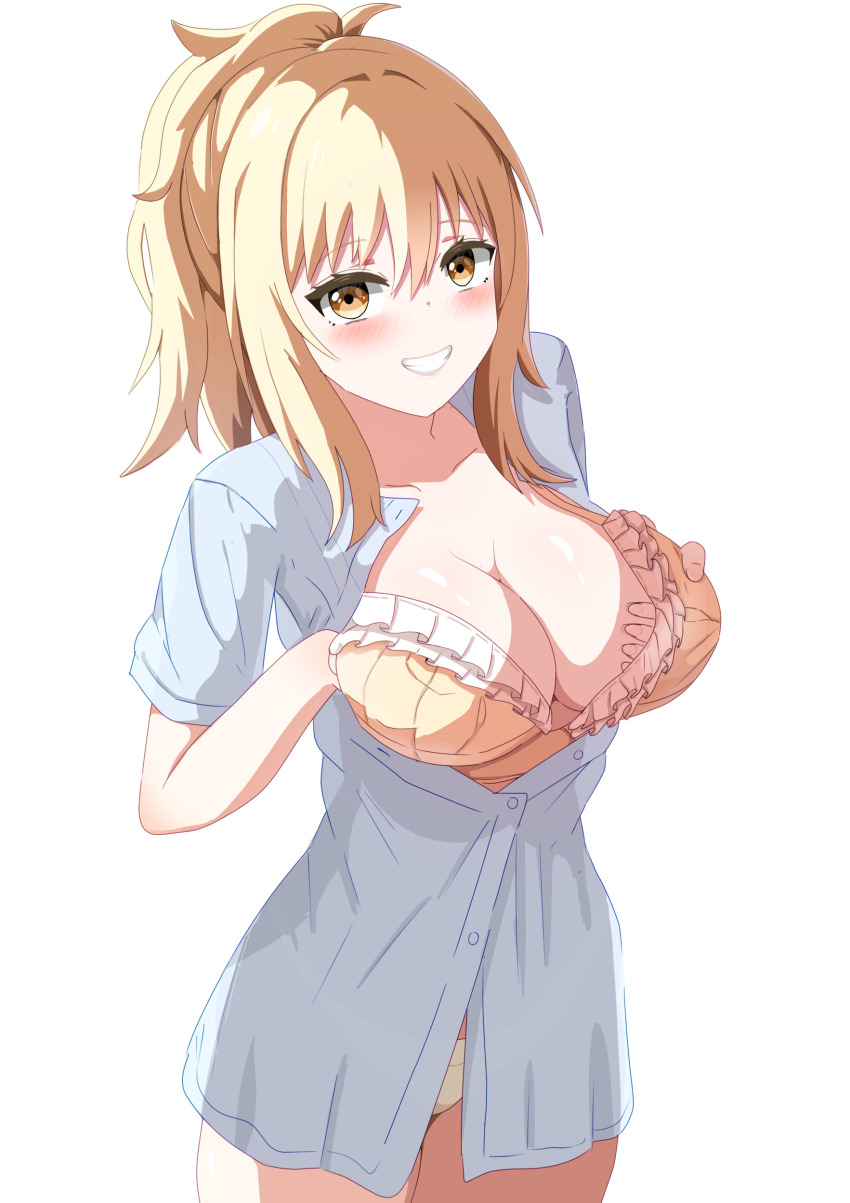 1girl, absurdres, blonde_hair, bra, breast_hold, breasts, cleavage, hair_between_eyes, highres, large_breasts, love_live!, love_live!_nijigasaki_high_school_idol_club, medium_hair, miyashita_ai, naked_shirt, panties, ponytail, shirosaki_london, shirt, solo, underwear, yellow_bra, yellow_eyes, yellow_panties