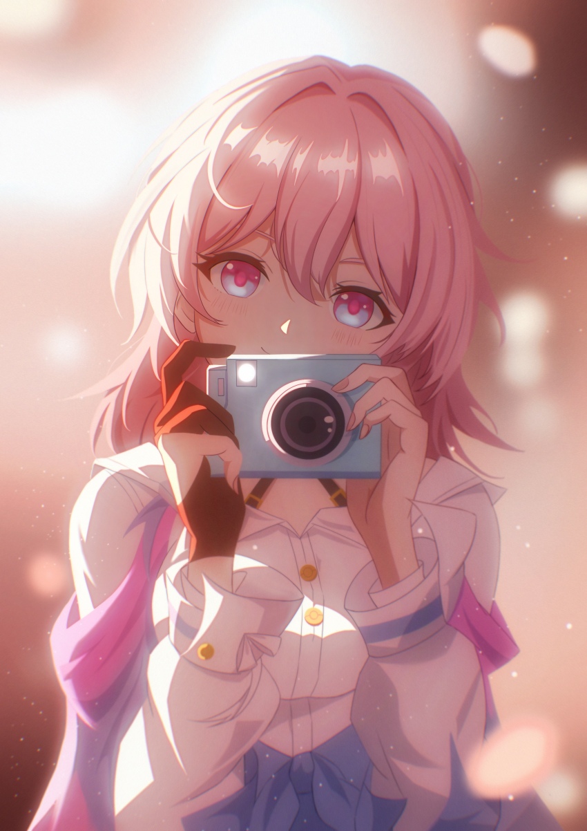 1girl, absurdres, black_gloves, blue_eyes, blue_jacket, blush, bra_strap, camera