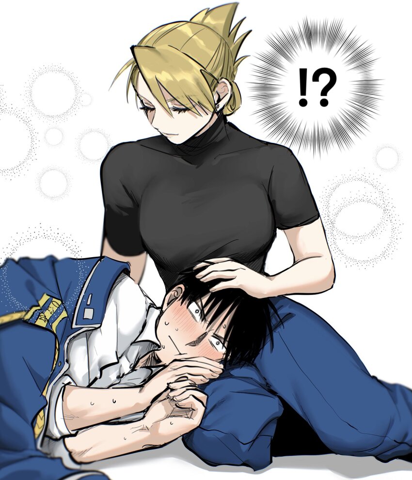 !?, 1boy, 1girl, :t, black_hair, black_shirt, blue_jacket, blue_pants, blush, breasts, closed_eyes, clothes_blanket, fullmetal_alchemist, hetero, highres, jacket, lap_pillow, large_breasts, lying, military_uniform, on_side, ozaki_(tsukiko3), pants, riza_hawkeye, roy_mustang, shirt, short_hair, short_sleeves, sweat, taut_clothes, taut_shirt, white_shirt, wide-eyed