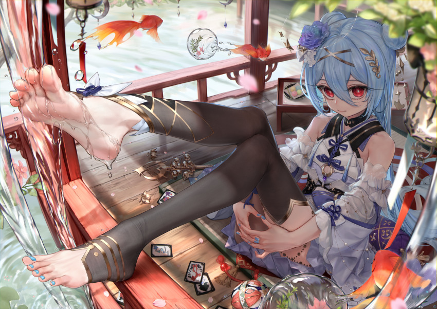 1girl, barefoot, blue_hair, feet, fish, highres, light_blue_hair, long_hair