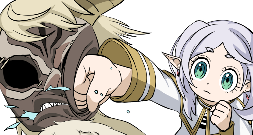 1boy, 1girl, blonde_hair, capelet, chibi, clenched_hands, clenched_teeth, demon_boy