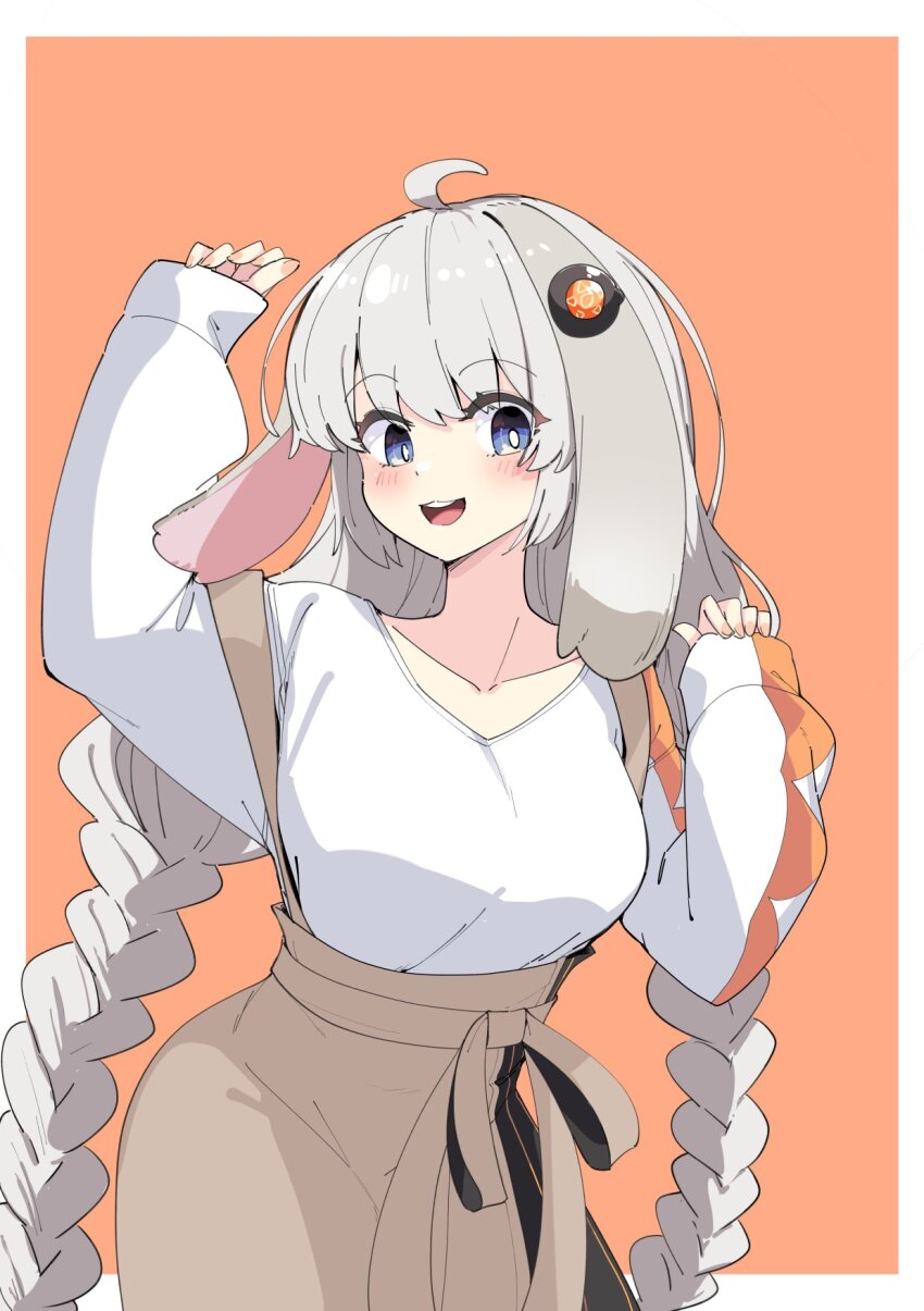 1girl, a.i._voice, ahoge, animal_ears, blue_eyes, braid, brown_skirt, commentary