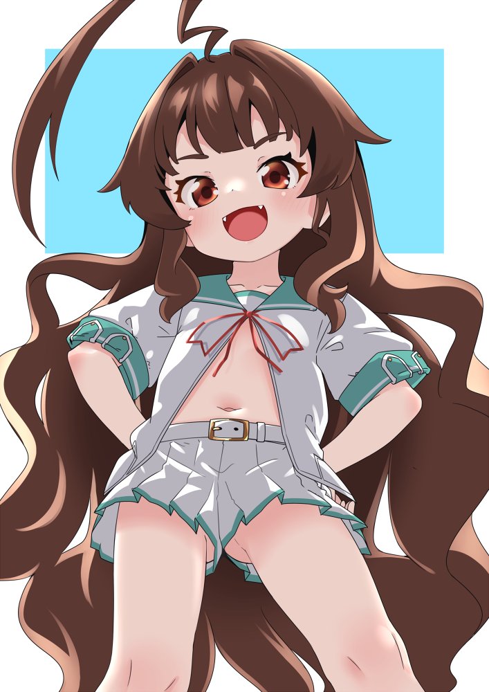 1girl, ahoge, aqua_sailor_collar, belt, brown_eyes, brown_hair, culottes, fangs, feet_out_of_frame, from_above, from_below, huge_ahoge, kantai_collection, kuma_(kancolle), kuma_kai_ni_(kancolle), long_hair, looking_at_viewer, nassukun, navel, pleated_shorts, sailor_collar, school_uniform, serafuku, shorts, smile, solo, upshorts, white_belt, white_shorts