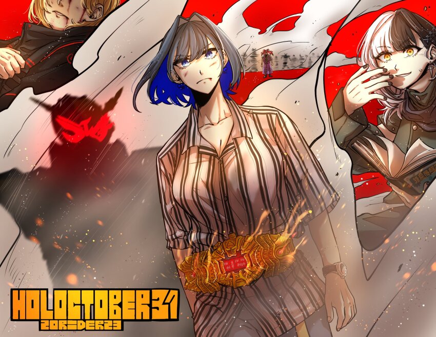 black_hair, black_nails, blonde_hair, blood, blood_on_face, blue_eyes, blue_hair, book, colored_inner_hair, cosplay, dork_ill, dust_cloud, earrings, hair_intakes, hakos_baelz, highres, hololive, hololive_english, injury, jewelry, kamen_rider, kamen_rider_zi-o_(series), multicolored_hair, myoukouin_geiz, myoukouin_geiz_(cosplay), open_book, ouma_zi-o, ouro_kronii, red_background, rider_belt, shiori_novella, shirt, split-color_hair, striped_clothes, striped_shirt, tokiwa_sougo, tokiwa_sougo_(cosplay), virtual_youtuber, watch, watson_amelia, woz_(kamen_rider_zi-o), woz_(kamen_rider_zi-o)_(cosplay), wristwatch, yellow_eyes, ziku_driver