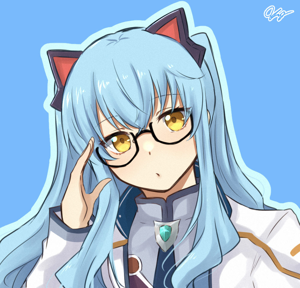 1girl, animal_ears, ao_no_kiseki, blue_background, blue_hair, cat_ears, eiyuu_densetsu, fake_animal_ears