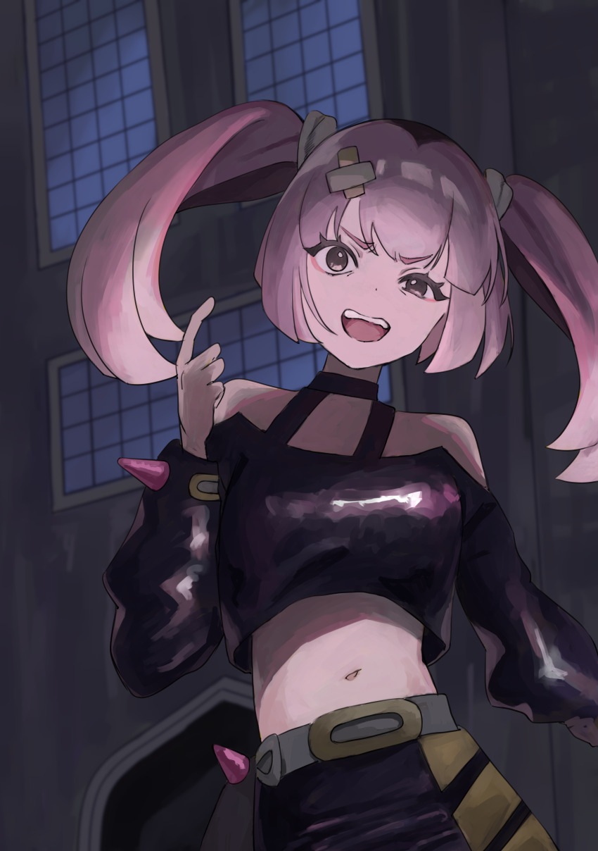 12, 1girl, absurdres, bare_shoulders, belt, black_choker, choker, commentary, coral_(pokemon), eyelashes, hair_ornament, hand_up, highres, index_finger_raised, navel, nintendo, off-shoulder_shirt, off_shoulder, open_mouth, pink_hair, pokemon, pokemon_(anime), pokemon_horizons, shirt, skirt, solo, teeth, twintails, upper_teeth_only