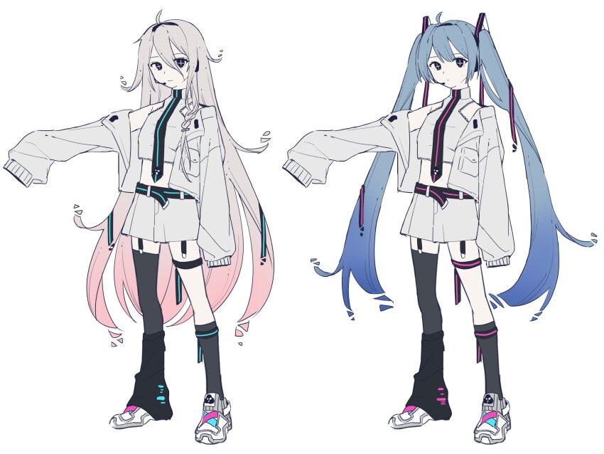 2girls, absurdres, ahoge, alternate_costume, asymmetrical_legwear, belt, black_belt, black_eyes