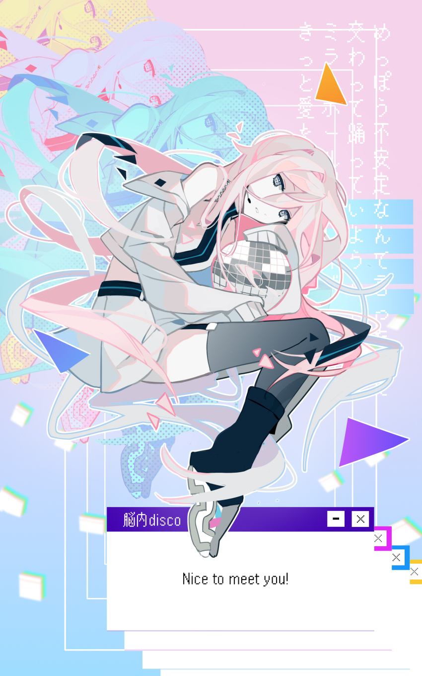 1girl, absurdly_long_hair, absurdres, alternate_costume, black_leg_warmers, black_thighhighs, blue_background, cmyk