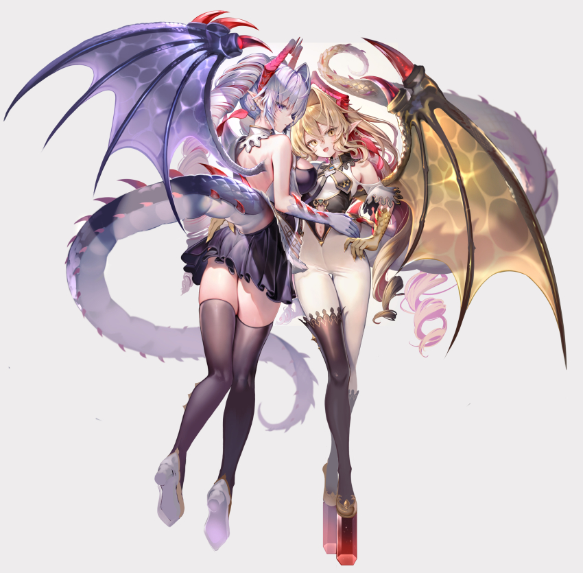 2girls, absurdres, argente_purest_silver_(shadowverse), asymmetrical_legwear, bare_back, black_skirt, blonde_hair, boots, breasts, cleavage, commentary_request, dragon_girl, dragon_horns, dragon_tail, dragon_wings, drill_hair, earrings, feather_earrings, feathers, full_body, grey_eyes, grey_hair, hair_between_eyes, hand_on_own_hip, high_heels, highres, horns, jewelry, kouyafu, large_breasts, looking_at_viewer, looking_back, lumiore_prestigious_gold_(shadowverse), midriff, mismatched_legwear, monster_girl, multicolored_hair, multiple_girls, multiple_horns, official_art, pantyhose, pleated_skirt, red_hair, scales, shadowverse, siblings, sideboob, simple_background, single_wing, sisters, skin_tight, skirt, slit_pupils, spikes, standing, straight_hair, tail, thighhighs, twintails, wings, yellow_eyes