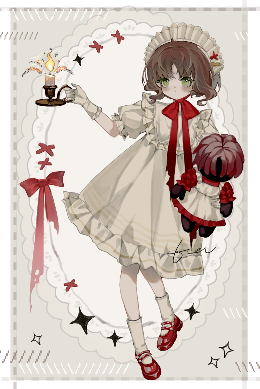 absurdres, blush, bow, brown_hair, candle, chinstrap, closed_mouth, doll, dress, eagle_(reverse:1999), eagle_(the_sixth_sense)_(reverse:1999), gloves, green_eyes, hand_up, headdress, highres, holding, holding_candle, holding_doll, mary_janes, official_alternate_costume, puffy_short_sleeves, puffy_sleeves, red_bow, red_footwear, reverse:1999, shoes, short_hair, short_sleeves, socks, tetee, white_background, white_dress, white_gloves, white_socks