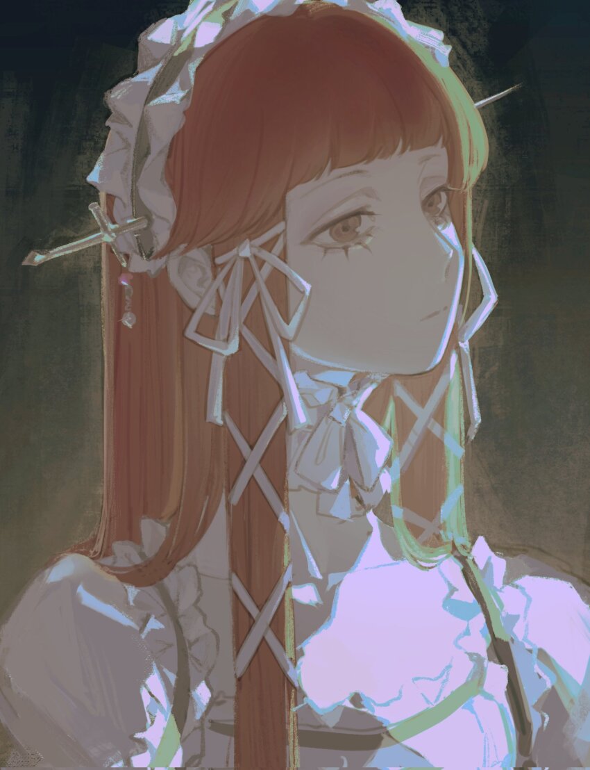 1girl, black_background, blunt_bangs, closed_mouth, dress, frills, hair_ribbon, hairband