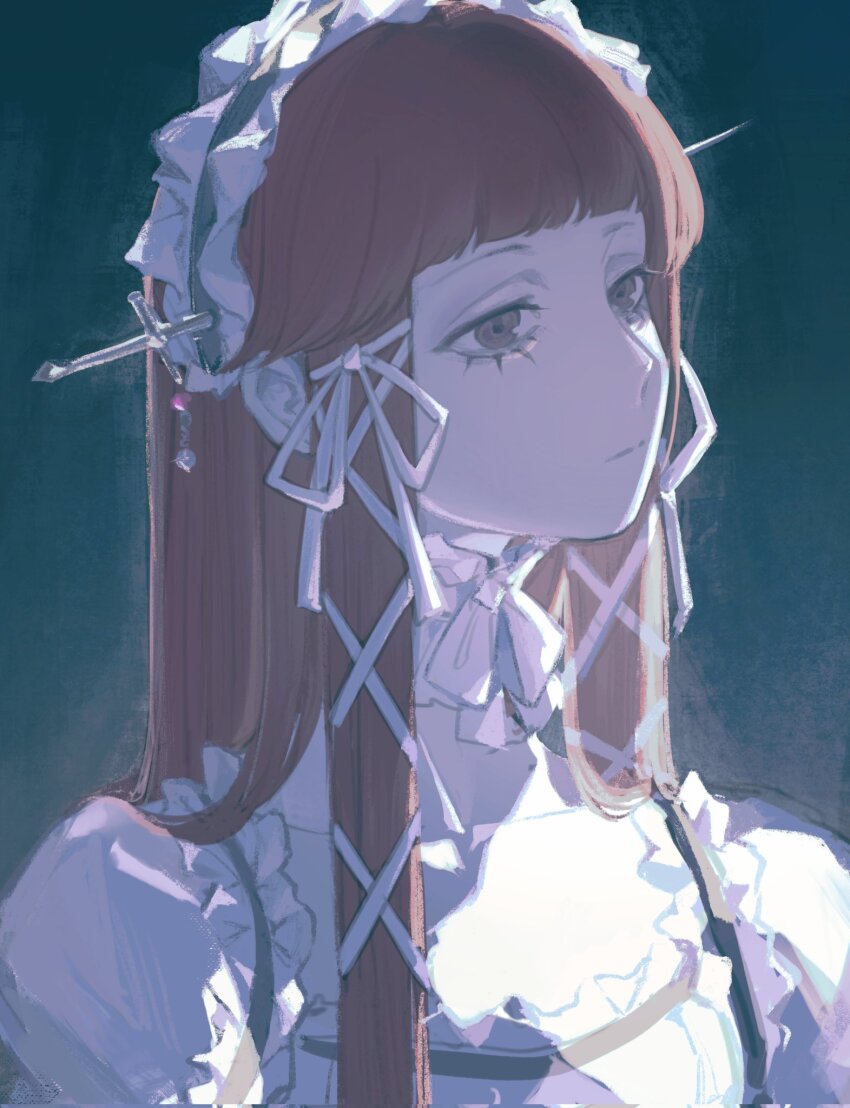 1girl, blue_background, blunt_bangs, closed_mouth, dress, frills, hair_ribbon, hairband