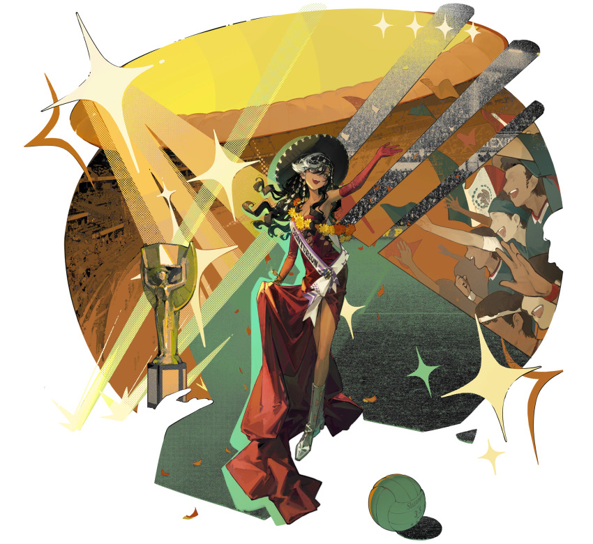 1girl, 6+boys, arm_up, ball, black_hair, boots, centurion_(reverse:1999), centurion_(the_universal_star)_(reverse:1999), dress, earrings, elbow_gloves, evening_gown, gloves, hat, highres, jewelry, long_hair, mexican_flag, multicolored_hair, multiple_boys, official_art, open_mouth, outdoors, red_dress, red_gloves, reverse:1999, sash, smile, solo_focus, sombrero, sparkle, stadium, streaked_hair, third-party_source, trophy, white_footwear, white_hair