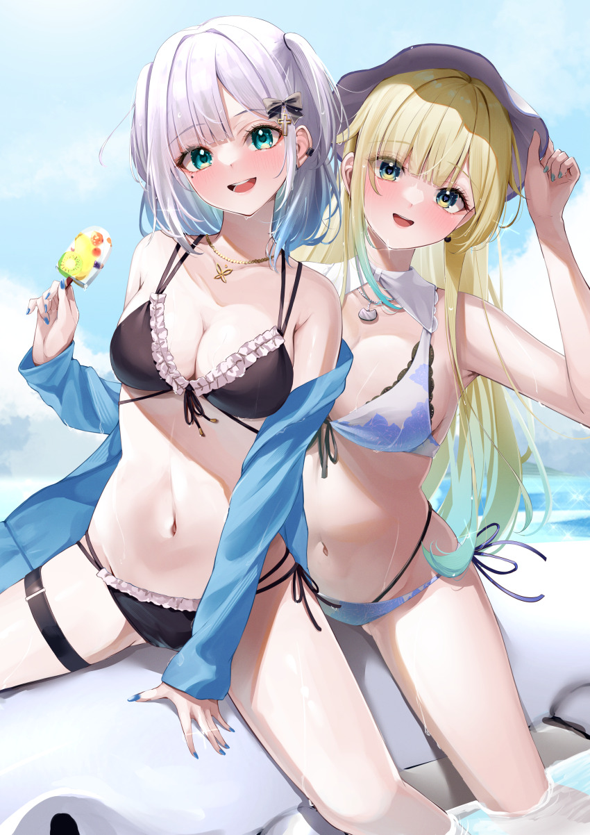 2girls, :d, absurdres, aizawa_ema, aizawa_ema_(summer_c102), bare_arms, between_legs, bikini