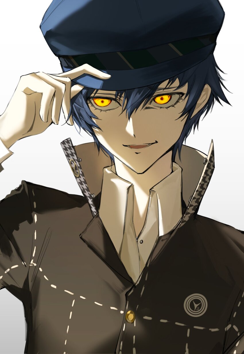 1girl, black_jacket, blue_hair, blue_hat, newsboy_cap, collared_shirt, gradient_background, grey_background