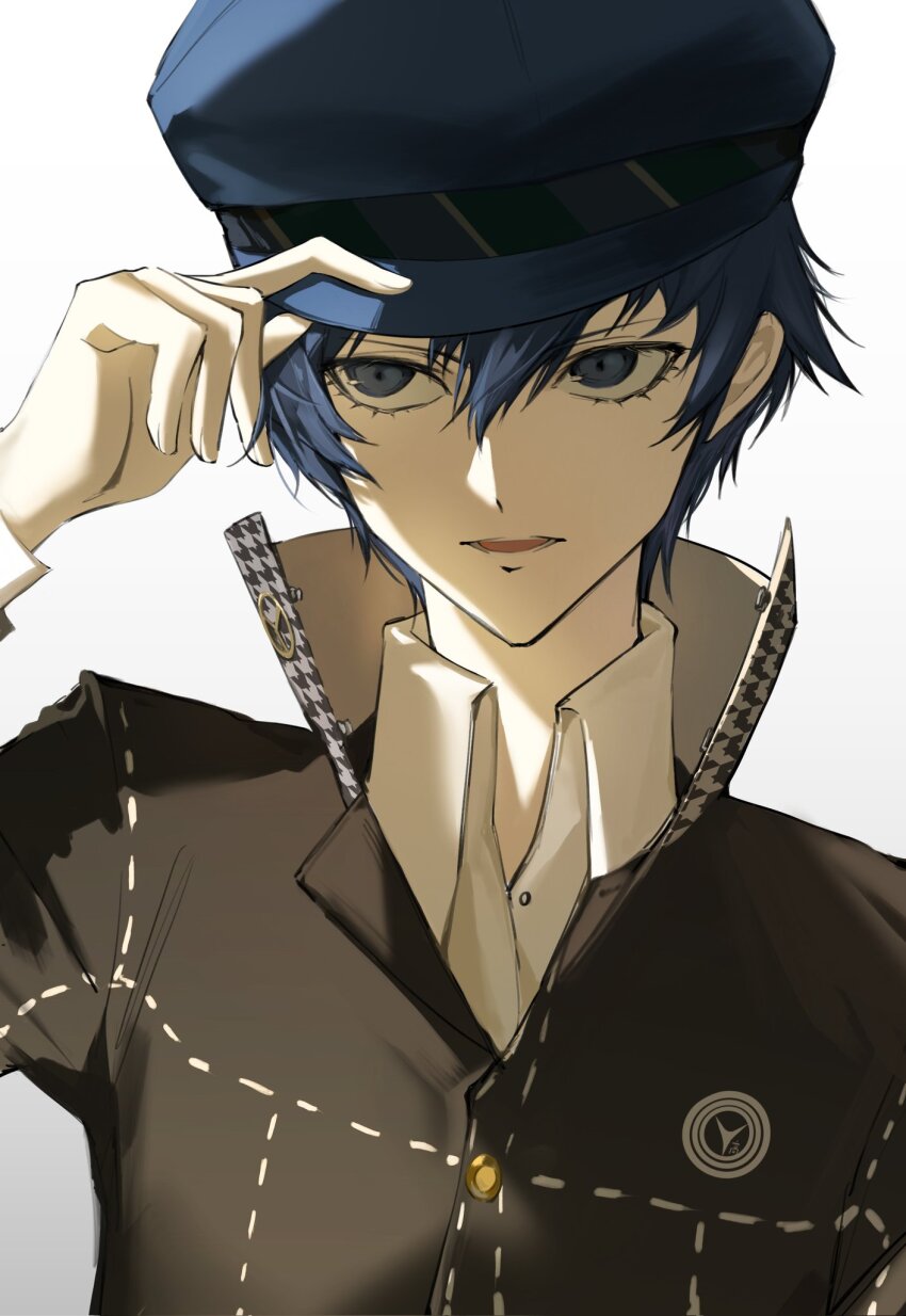 1girl, black_jacket, blue_eyes, blue_hair, blue_hat, newsboy_cap, collared_shirt, gradient_background