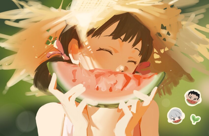 1girl, ^_^, blurry, blurry_background, brown_hair, closed_eyes, doujima_nanako, doujima_ryoutarou, eating, food, fruit, hair_ribbon, hat, highres, holding, holding_food, holding_fruit, nagisa99, narukami_yu, persona, persona_4, pink_ribbon, ribbon, short_twintails, solo, straw_hat, twintails, watermelon