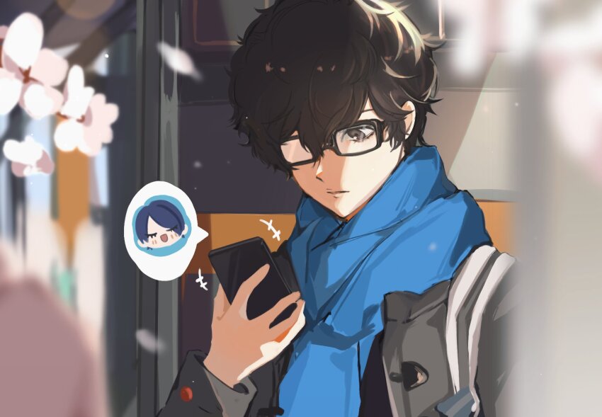1boy, amamiya_ren, black-framed_eyewear, black_coat, black_eyes, black_hair, blue_hair, blue_scarf