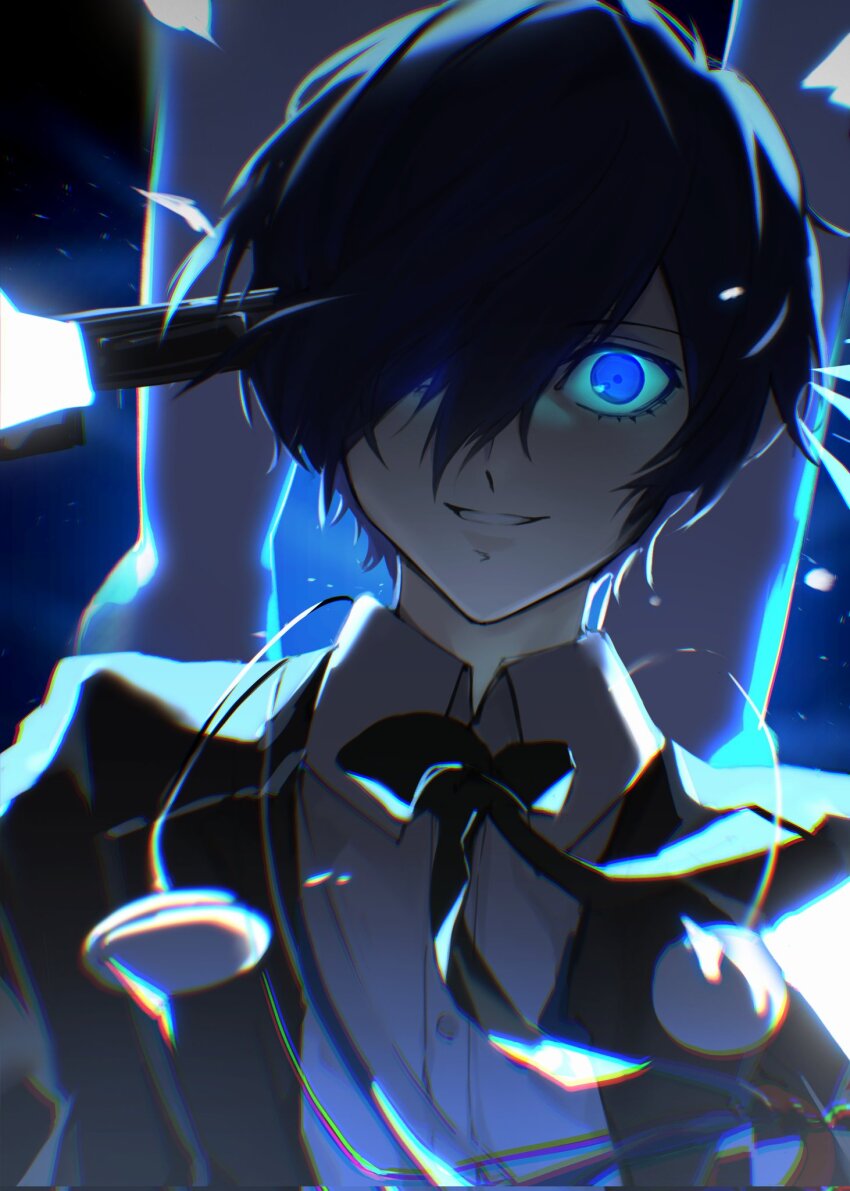 1boy, black_hair, black_jacket, black_ribbon, blue_eyes, collared_shirt, evoker, gun