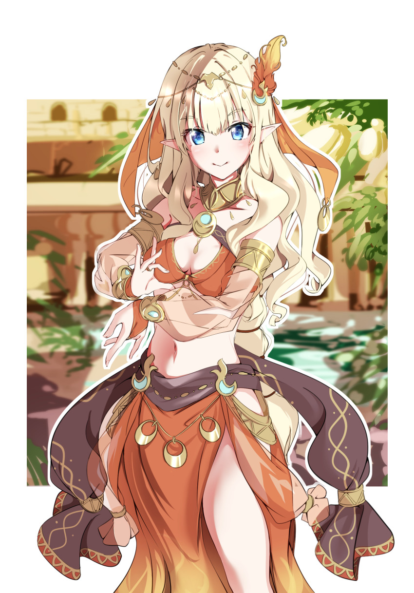1girl, blonde_hair, blue_eyes, bra, breasts, bridal_gauntlets, cleavage, closed_mouth, collarbone, dancer, detached_sleeves, elf, feathermage, highres, long_hair, long_sleeves, looking_at_viewer, midriff, navel, orange_bra, orange_veil, outline, pelvic_curtain, pointy_ears, princess_connect!, saren_(princess_connect!), saren_(sarasaria)_(princess_connect!), see-through_clothes, see-through_sleeves, small_breasts, smile, solo, standing, stomach, underwear, veil, very_long_hair