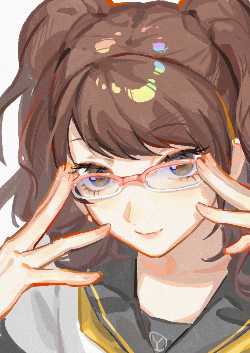 1girl, absurdres, blue_eyes, brown_hair, closed_mouth, cropped_shoulders, glasses, hands_up, highres, kobayashiyouyouko, kujikawa_rise, looking_over_eyewear, persona, persona_4, raised_eyebrows, school_uniform, smile, solo, twintails
