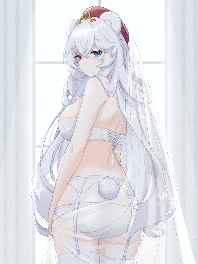 10_(xknn5488), 1girl, animal_ears, arknights, ass, bear_ears, bear_girl, bear_tail, blue_eyes, bra, breasts, cowboy_shot, from_behind, garter_belt, hair_between_eyes, hat, heterochromia, large_breasts, long_hair, looking_at_viewer, looking_back, panties, red_eyes, red_hat, rosa_(arknights), solo, tail, thighhighs, underwear, very_long_hair, white_bra, white_hair, white_panties, white_thighhighs, window