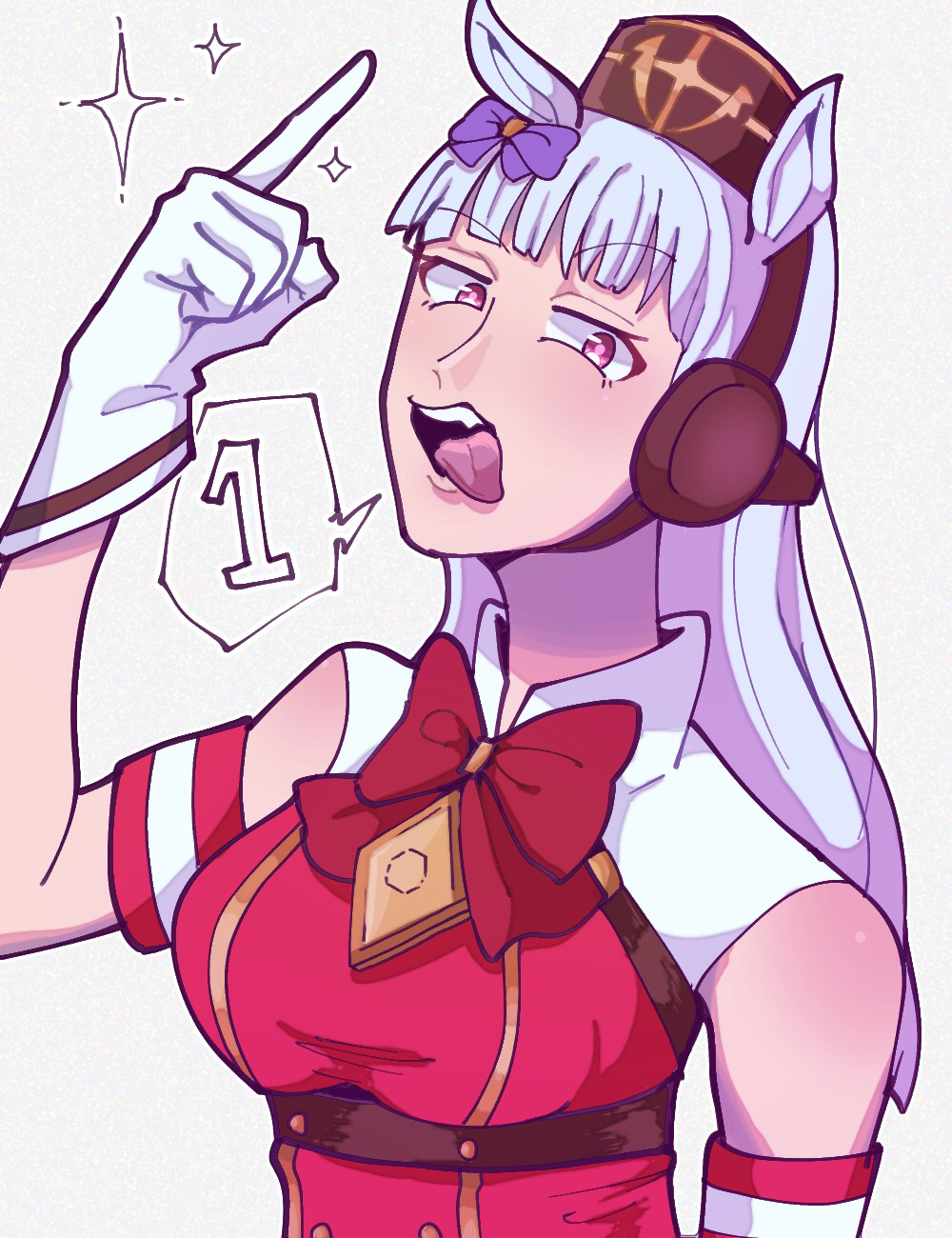 1girl, animal_ears, blunt_bangs, blush, bow, bowtie, breasts, brown_headwear