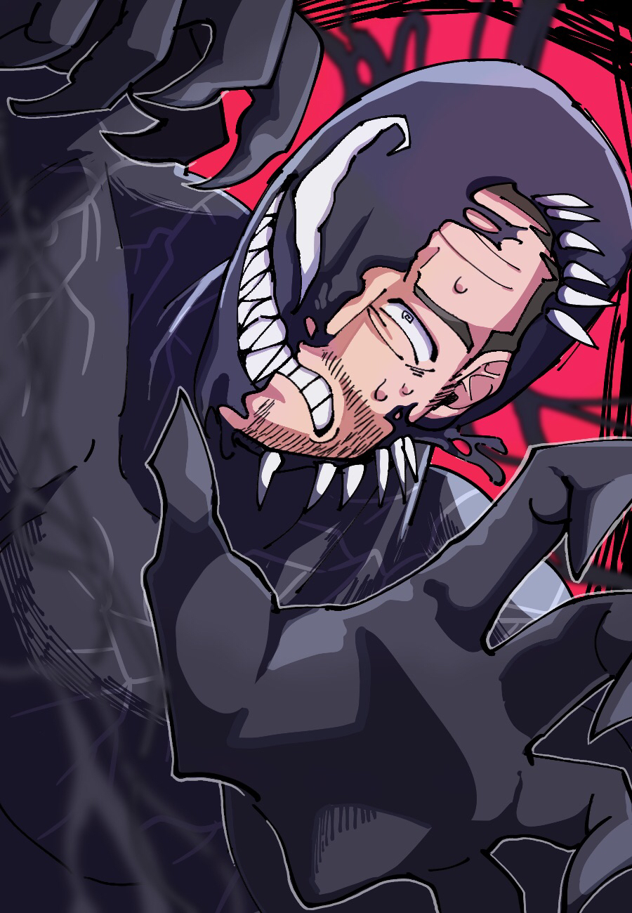 1boy, @_@, beard, black_hair, claws, clenched_teeth, commentary_request, eddie_brock